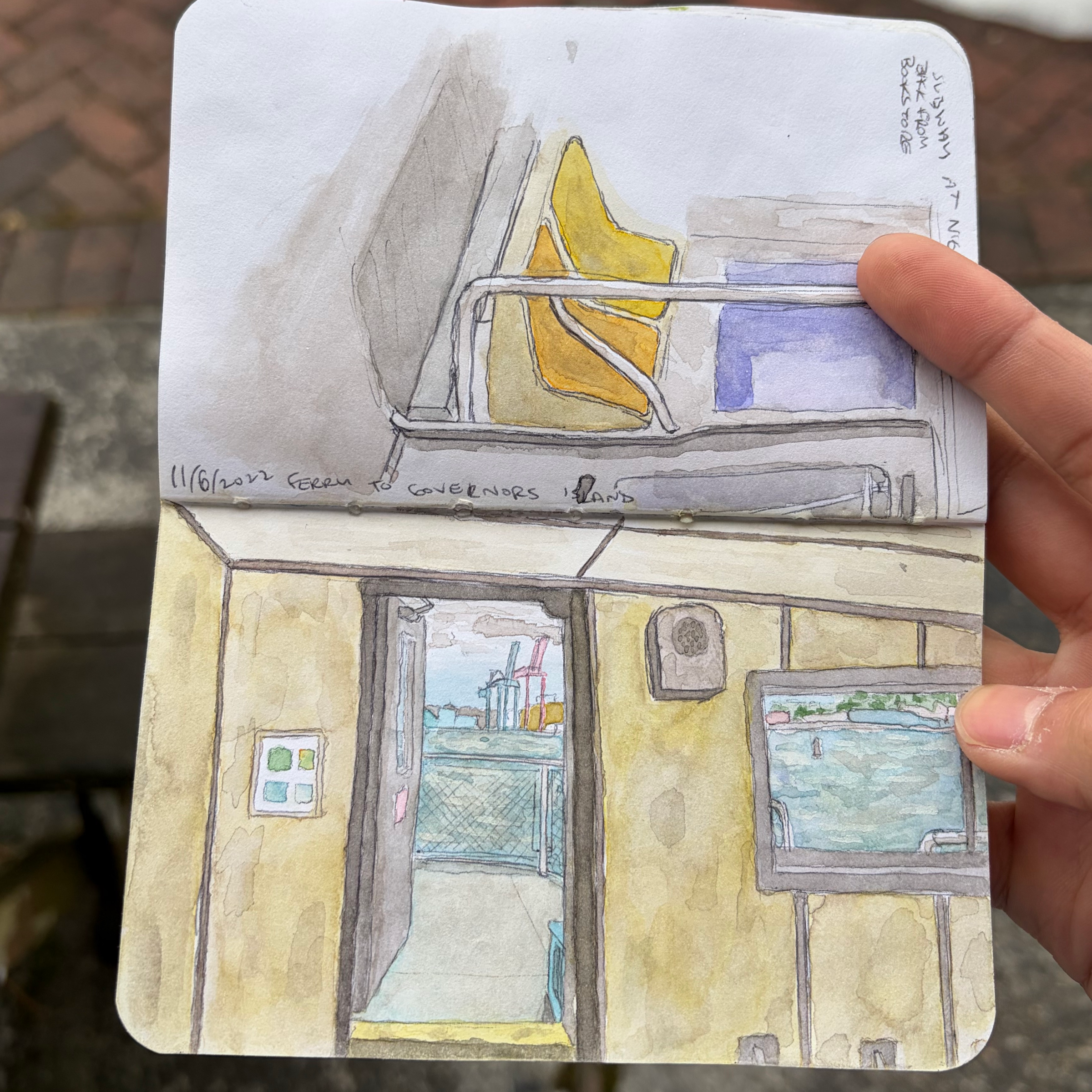 Travel book page drawn on a ferry